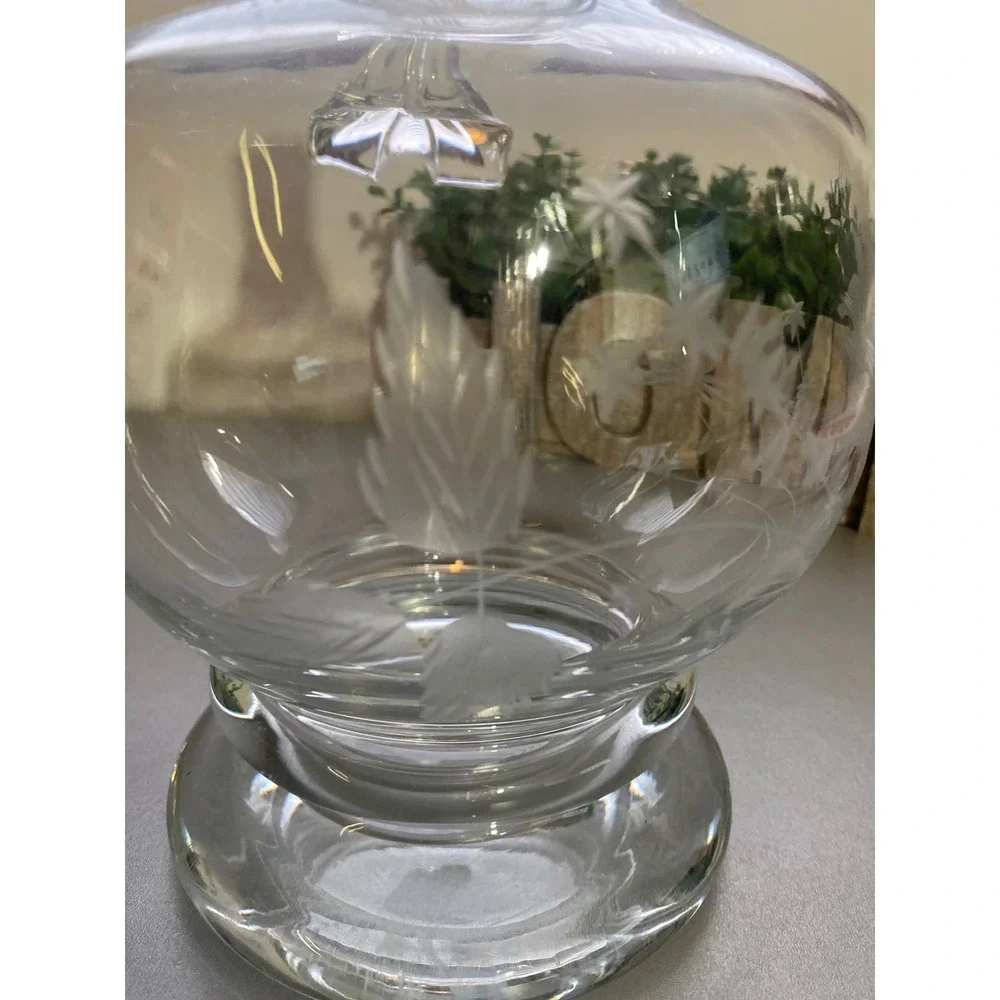 Vintage‎ Etched Glass Pitcher Carafe Clear Floral Design Handle Spout